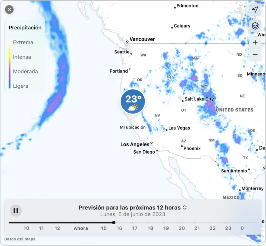 Un mapa detallado que muestra la previsión de precipitaciones en Cupertino, California.