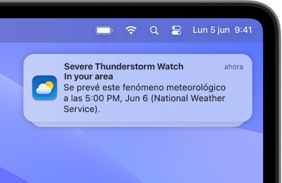Una notificación que muestra un aviso del Servicio Meteorológico Nacional de los EE. UU. sobre tormentas eléctricas intensas.