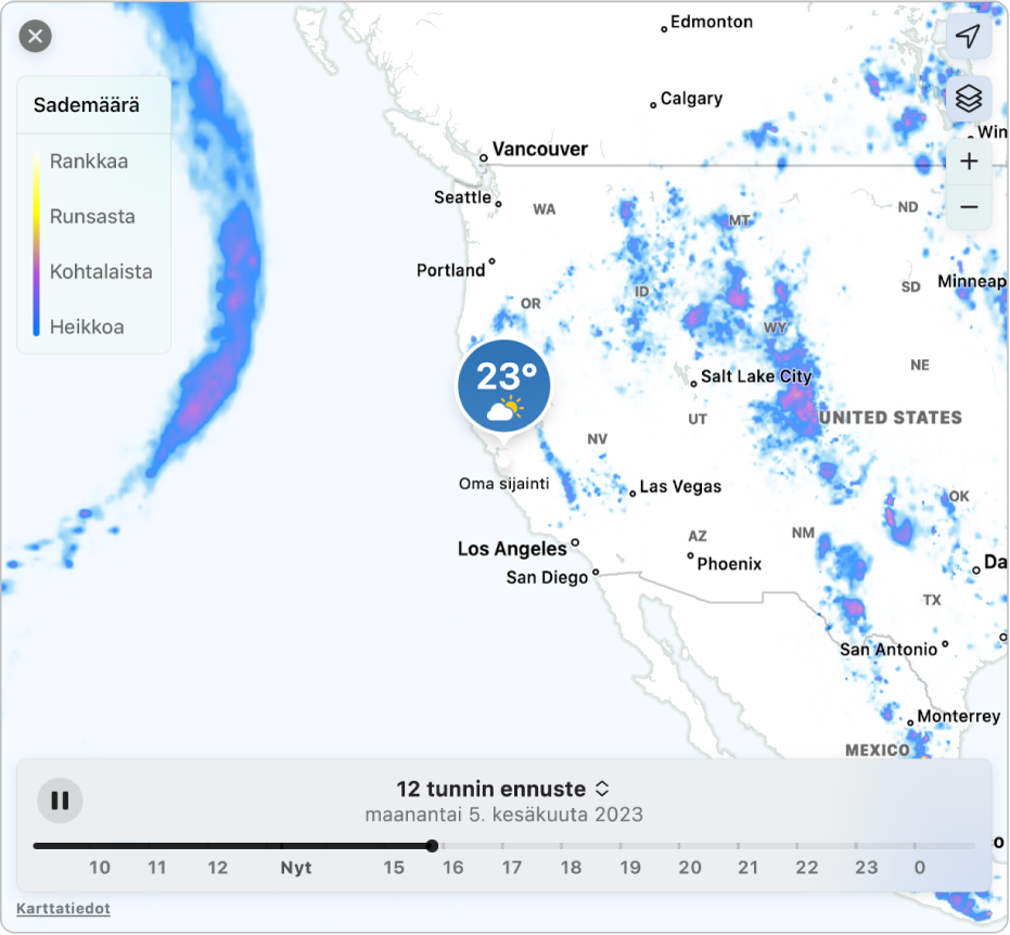 Yksityiskohtainen kartta, jossa näkyy Kalifornian Cupertinon sade-ennuste.