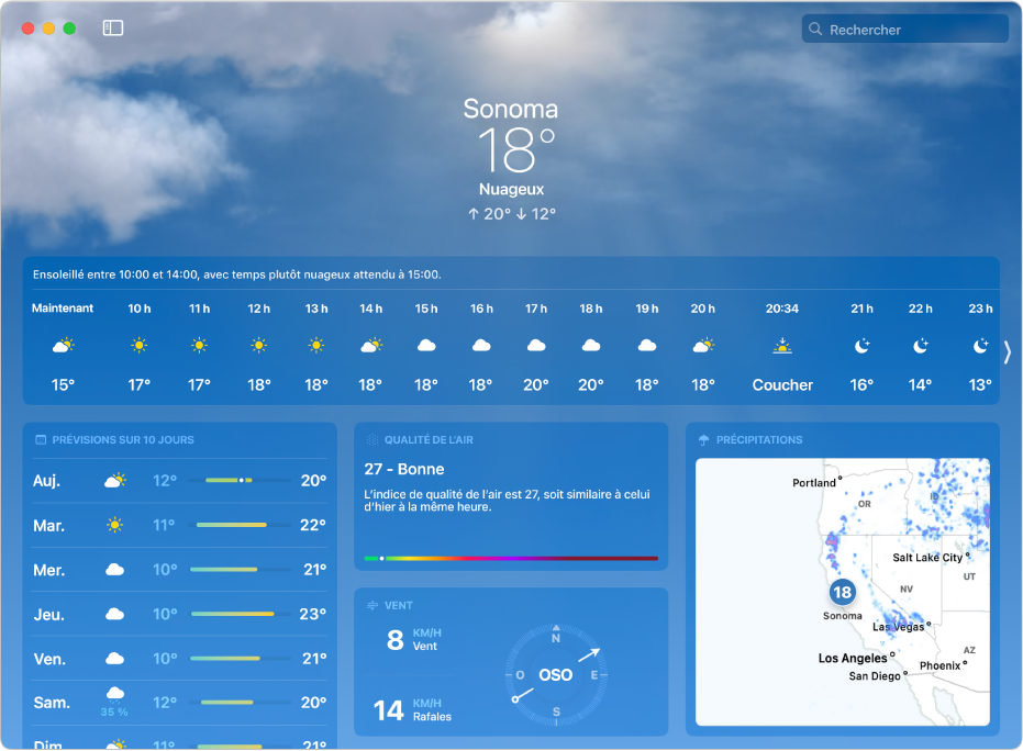 Fenêtre Météo qui affiche la température actuelle, les températures maximales et minimales de la journée, les prévisions par heure, les prévisions sur 10 jours, une carte des précipitations et des données sur la qualité de l’air, le coucher du soleil, les vents et la quantité de précipitations.