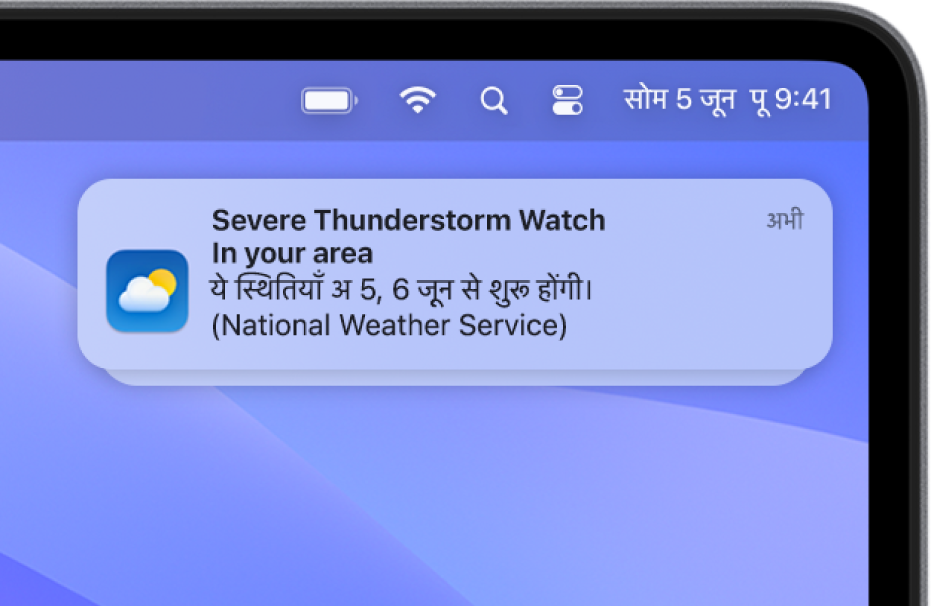 एक सूचना जो भयानक तूफ़ान के बारे में राष्ट्रीय मौसम सेवा का अलर्ट दिखाती है।