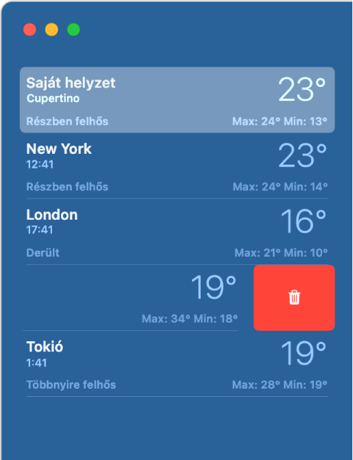 Az oldalsáv, amelyen különböző helyek láthatók az időjáráslistában.