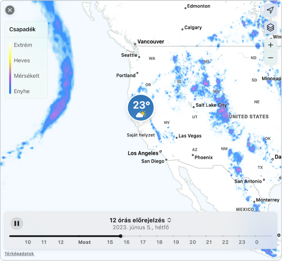 Egy részletes térkép, amely a kaliforniai Cupertino területére vonatkozó csapadékelőrejelzést jeleníti meg.