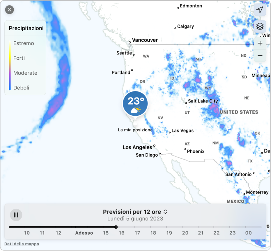 Una mappa dettagliata che mostra le precipitazioni previste per Cupertino, California.