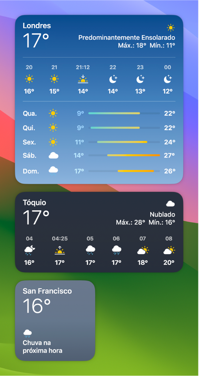 Widgets do app Tempo em tamanho pequeno, médio e grande.