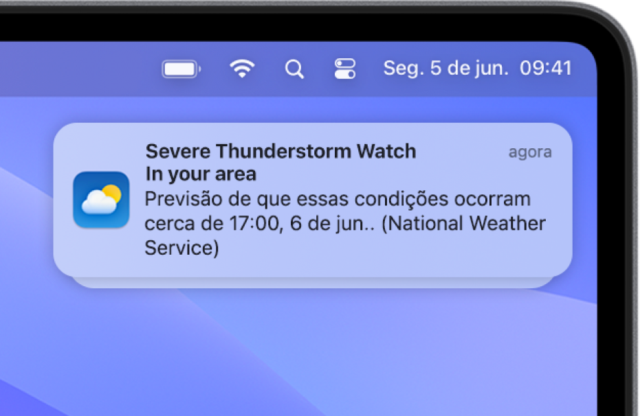Uma notificação que mostra um alerta do Serviço Nacional de Meteorologia sobre trovoadas fortes.