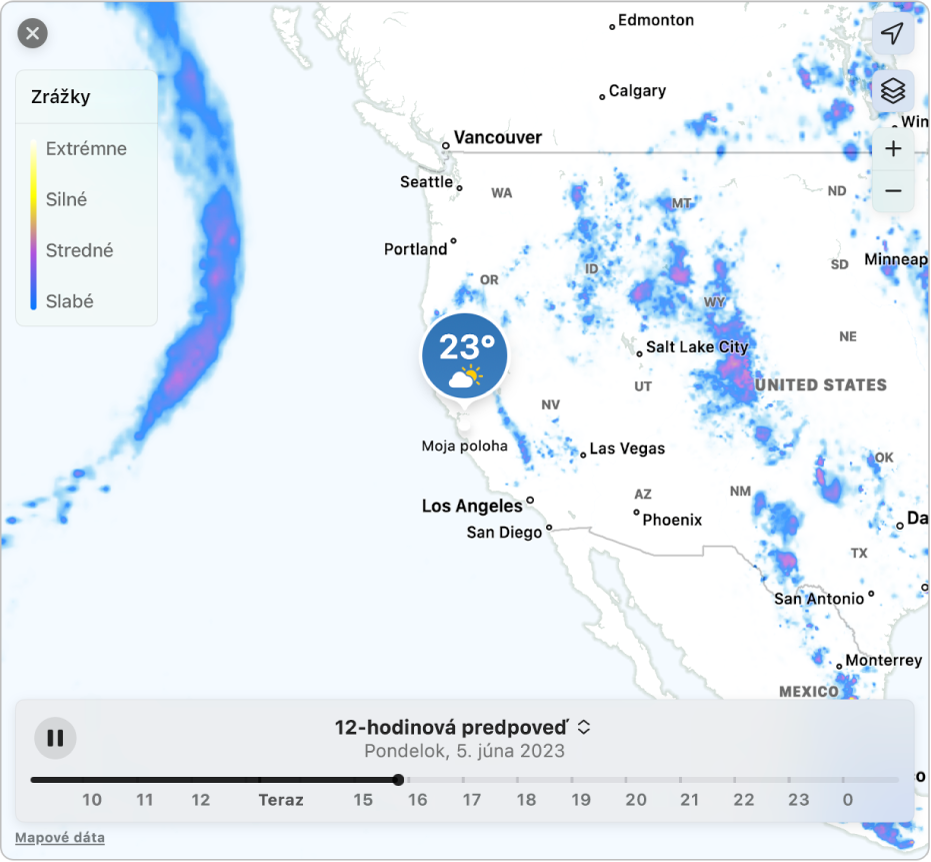 Podrobná mapa zobrazujúca predpoveď zrážok pre Cupertino, Kalifornia.