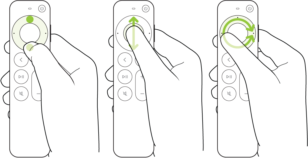 Illustration montrant le geste de rotation sur le cercle du clickpad de la télécommande (2e génération ou modèle ultérieur) pour faire défiler vers le haut ou vers le bas