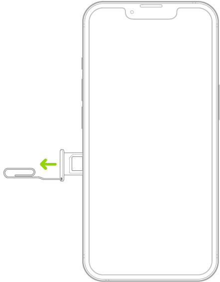 En papirclips eller værktøjet til SIM-kort er ført ind i det lille hul i bakken i venstre side af iPhone for at skubbe bakken ud og fjerne den.