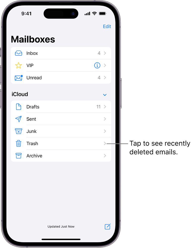 The Mailboxes screen. Below iCloud, mailboxes are listed from top to bottom, including the Trash mailbox. Tap it to see recently deleted emails.