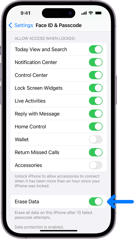 The Erase Data control, located at the bottom of the Face ID and Passcode screen in Settings.