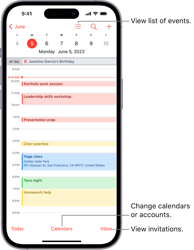 A calendar in Day view showing the day’s events. The Calendars button is at the bottom center of the screen, and the Inbox button is at the bottom right.