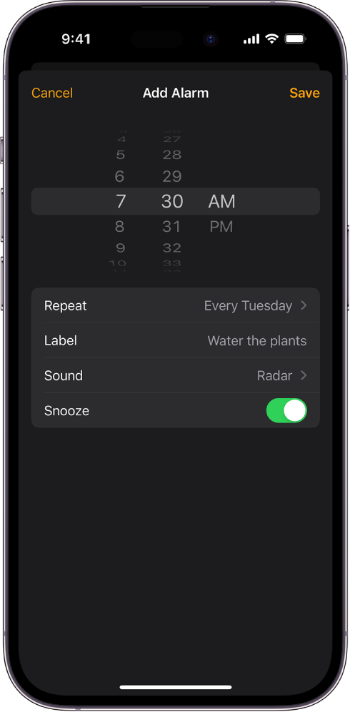 A screen for changing an alarm, with settings to change the time of the alarm, choose whether the alarm repeats, add an alarm label, select an alarm sound, and turn on snooze.