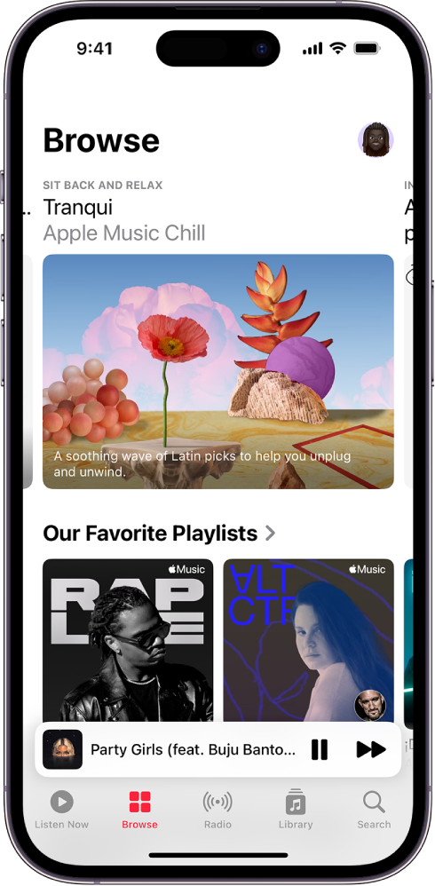 The Browse screen showing a featured playlist at the top. You can swipe left to see more featured music and videos. An Our Favorite Playlists section appears below, showing two Apple Music playlists. You can swipe up on the screen to explore new and recommended music.