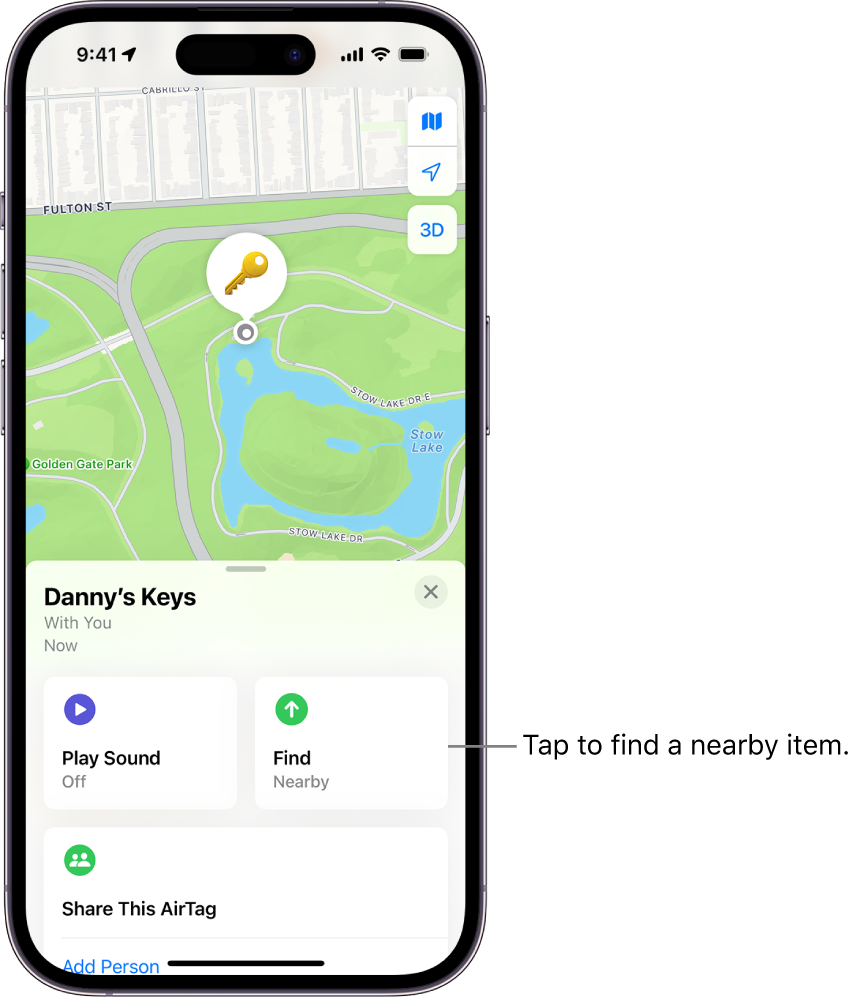 The Find My app open, showing Danny’s keys in Golden Gate Park. Tap the Find button to locate a nearby item.
