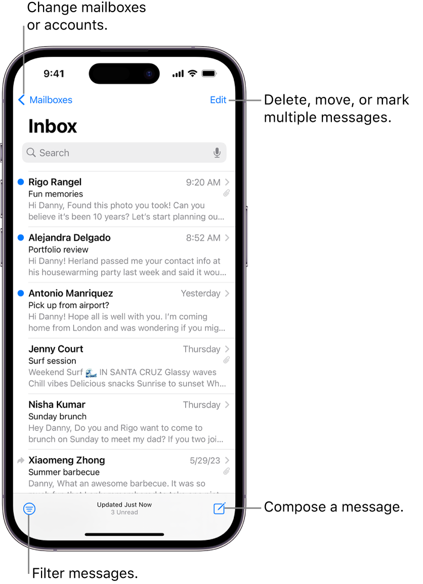 The Mail Inbox, showing a list of emails.