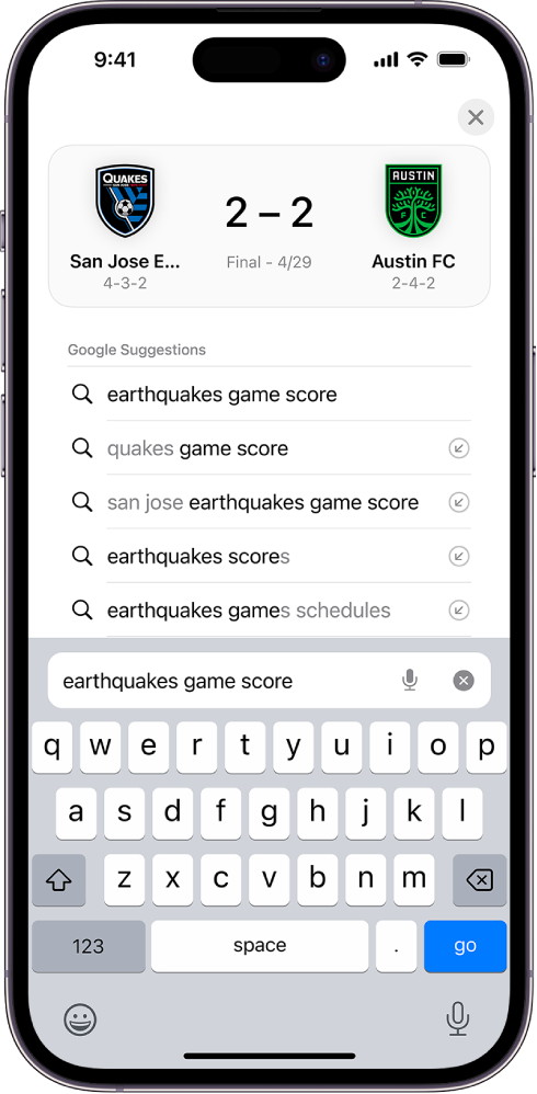 A Safari search screen, with the onscreen keyboard at the bottom of the screen. Above the keyboard, the search field contains the text “earthquakes game score.”