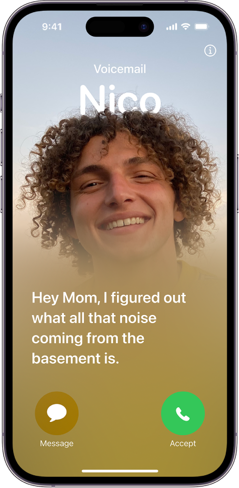 A call screen showing a Live Voicemail from a contact named Nico. The transcribed text says “Hey Mom, I figured out what all that noise coming from the basement is. Below it are Message and Accept buttons for the call.