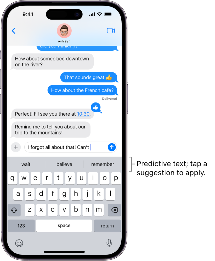 The onscreen keyboard is open in the Messages app. Text is entered in the text field and above the keyboard are predictive text suggestions for the next word.