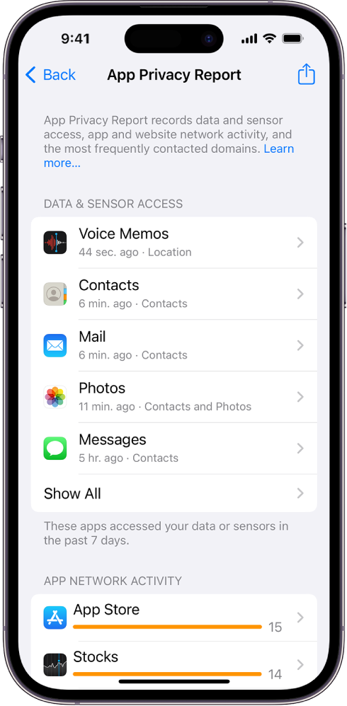 An App Privacy Report listing information about five apps for the category Data & Sensor Access, and information about three apps for the category App Network Activity.