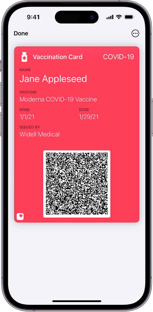 A vaccination card in the Wallet app.