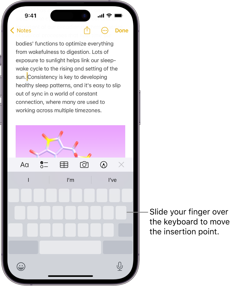 A document is open in the Notes app. The onscreen keyboard in the bottom half of the screen is in trackpad mode.