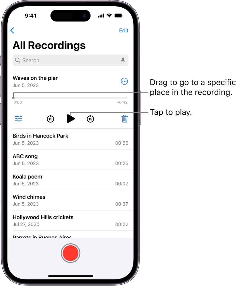 The Voice Memos list screen with a selected recording at the top. The recording timeline has a playhead, which you can drag to go to a specific place in the recording. There are beginning and end times at either end of the timeline. Above the timeline is the More Actions button, which you can tap to copy, share, edit, or duplicate a recording, and more. Below the timeline are the Playback Settings button, which you can use to set playback options, the skip back 15 seconds button, the play button, the skip forward 15 seconds button, and the delete button. Below these controls is a list of recordings that can be opened with a tap.