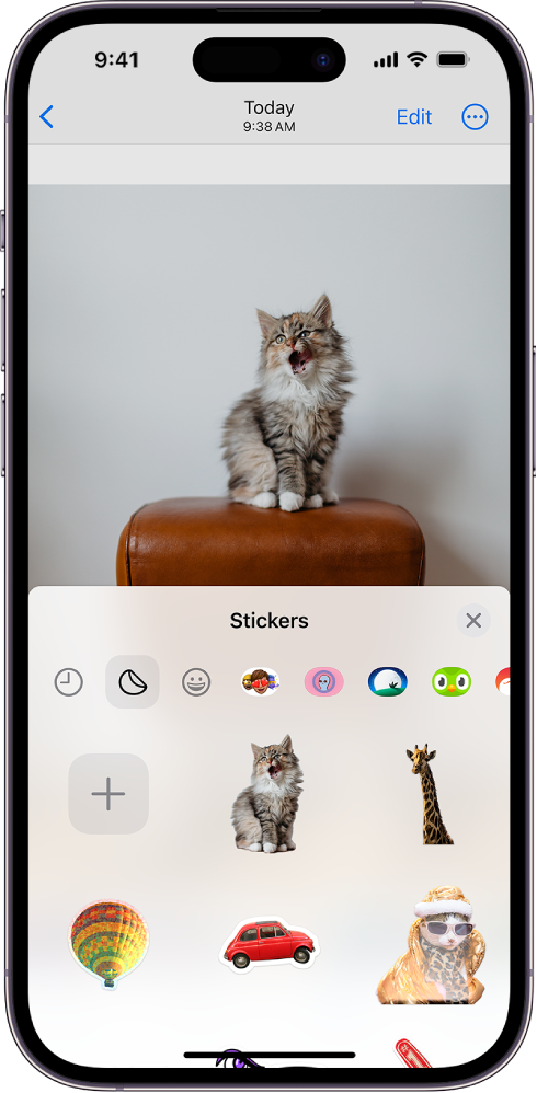 A photo in the Photos app is shown as a sticker in the stickers drawer.