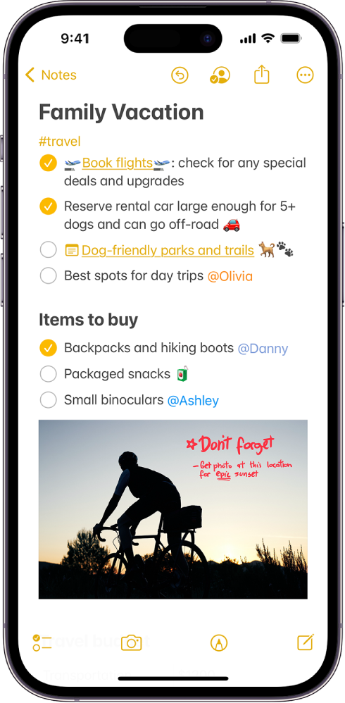 A note showing a to-do list for a family vacation. The note contains a link to a webpage, a link to another note, a list of items to buy, and a photo at the bottom.
