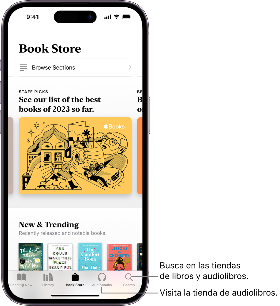 La pestaña Tienda de la app Libros. En la parte inferior de la pantalla, de izquierda a derecha, se encuentran las pestañas Leyendo, Biblioteca, Tienda, Audiolibros y Buscar. La pestaña Tienda está seleccionada.