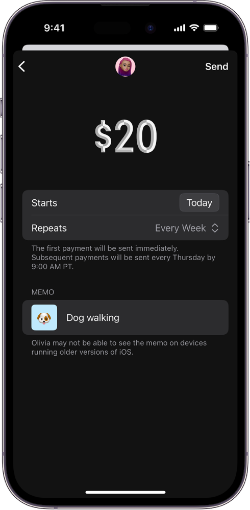 Una pantalla mostrando opciones para enviar un pago recurrente.
