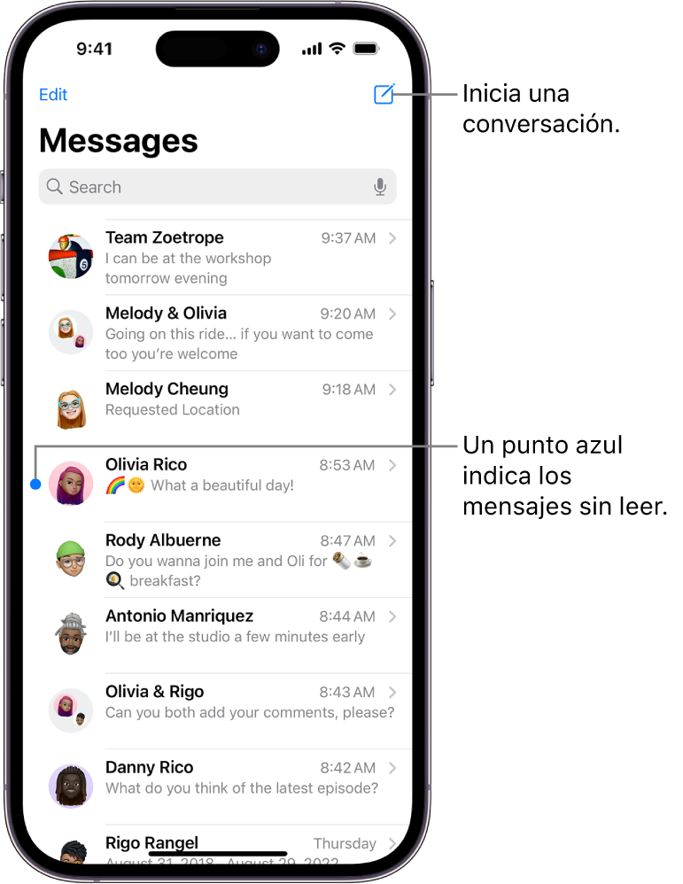 La lista de conversaciones de Mensajes con el botón Redactar en la parte superior derecha. Un punto azul a la izquierda del mensaje indica que no se ha leído.