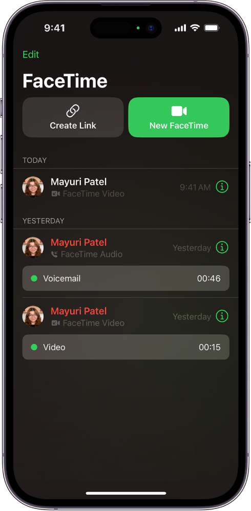 La pantalla para iniciar una llamada de FaceTime muestra los botones Crear enlace y Nuevo FaceTime para iniciar una llamada de FaceTime.