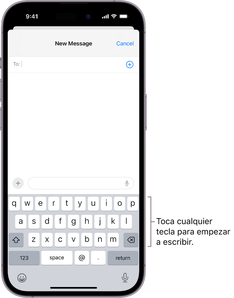 En la app Mail, hay abierto un correo electrónico en blanco. En teclado en pantalla está en la mitad inferior de la pantalla.