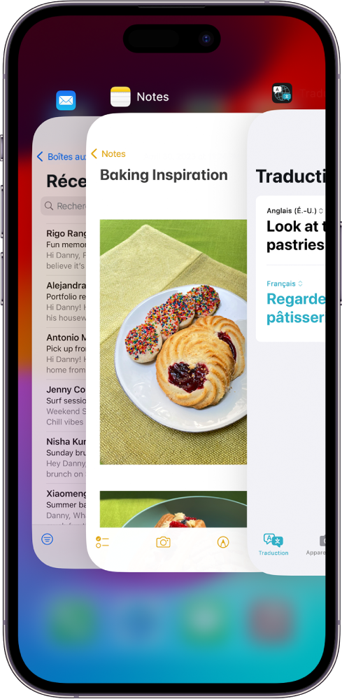Le sélecteur d’app. Les icônes des apps ouvertes apparaissent en haut, et l’écran de chaque app ouverte apparaît sous son icône.