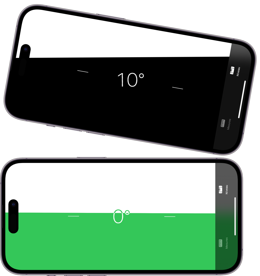 L’écran de niveau dans l’app Mesures. En haut, l’iPhone est incliné à un angle de dix degrés. En bas, l’iPhone est de niveau.