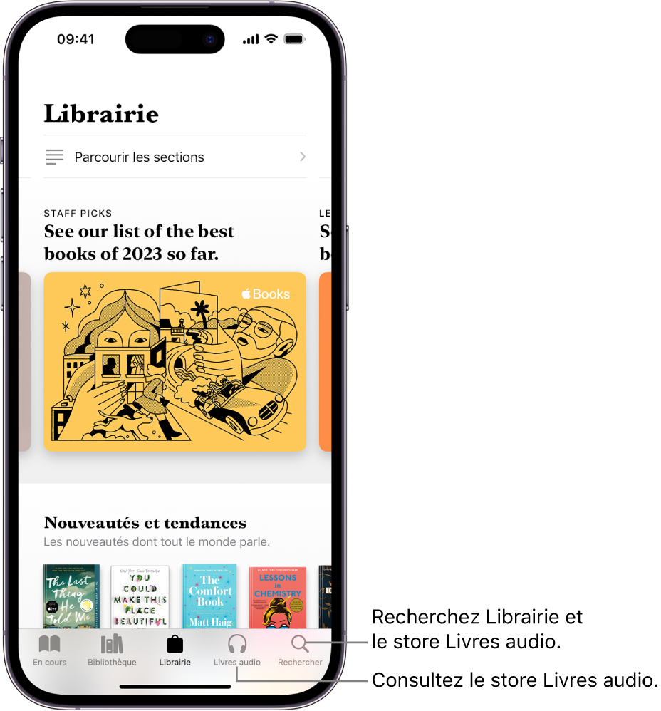 L’écran Librairie dans l’app Livres. En bas de l’écran se trouvent, de gauche à droite, les onglets En cours, Bibliothèque, Librairie, Livres audio et Rechercher. L’onglet Librairie est sélectionné.