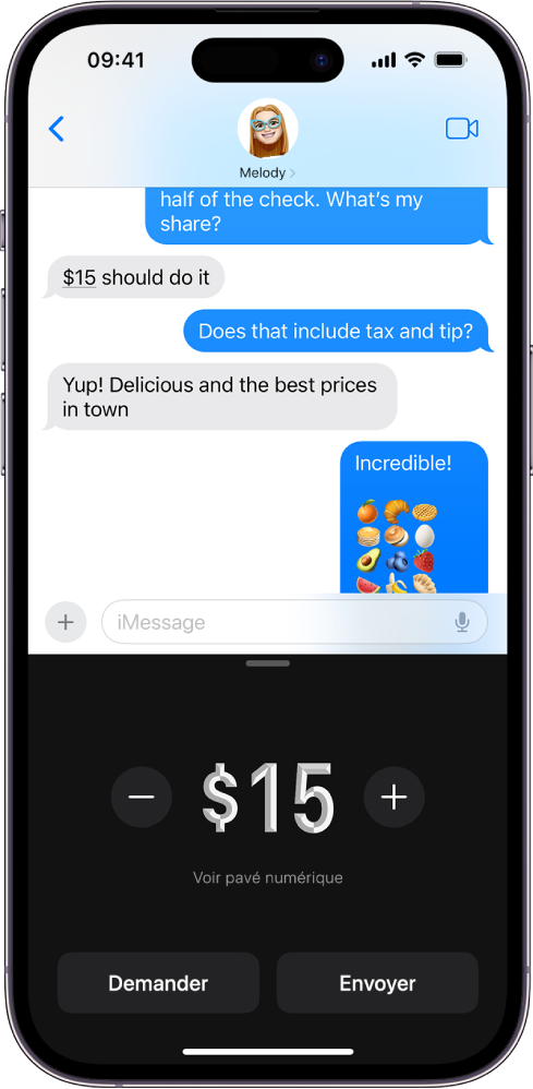 Conversation iMessage avec Apple Pay ouvert en bas de l’écran.