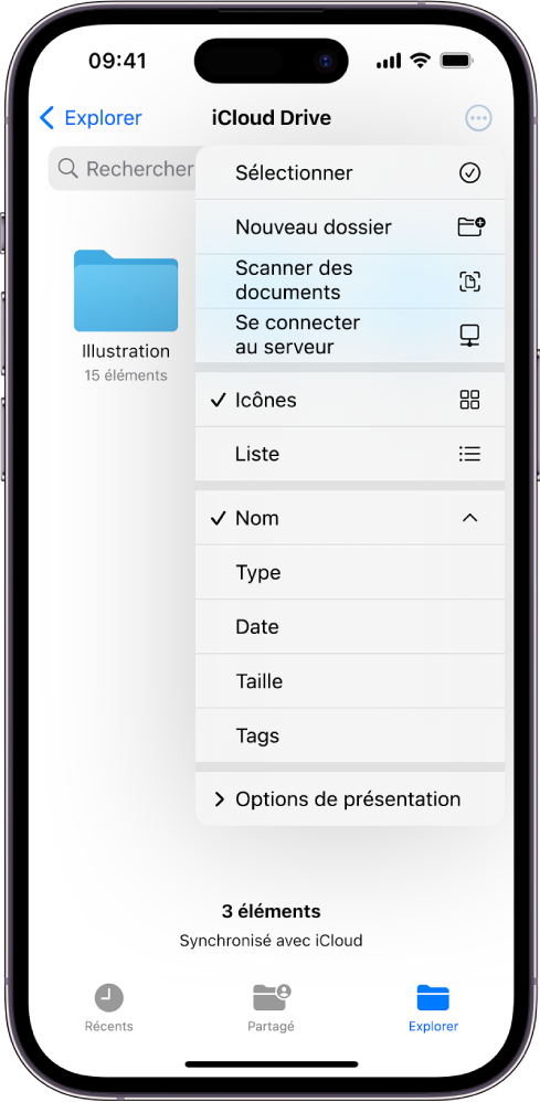 L’app Fichiers avec le bouton Plus sélectionné. Le menu qui s’affiche contient les options suivantes : Sélectionner, « Nouveau dossier », « Scanner des documents » et « Se connecter au serveur ». Sous ce menu figurent les options pour afficher les éléments à l’écran sous forme d’icônes ou de liste. En bas du menu se trouvent les options de tri par Nom, Type, Date, Taille et Tags, suivies de « Options de présentation ».