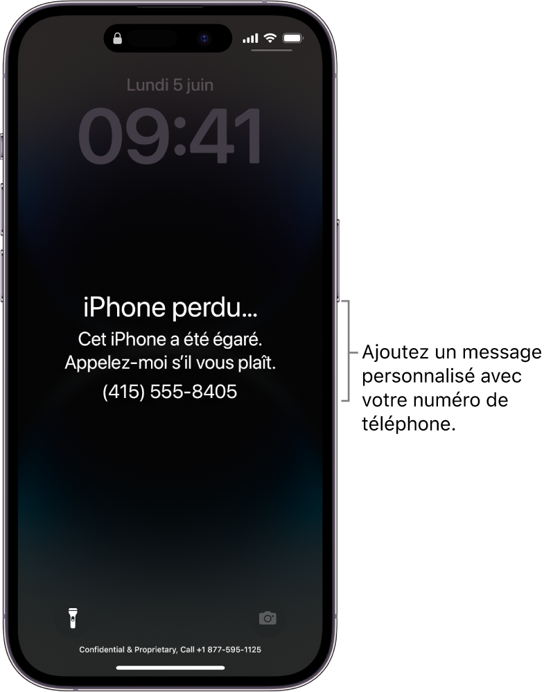 Écran verrouillé d’un iPhone avec un message indiquant que l’iPhone a été égaré. Vous pouvez ajouter un message personnalisé avec votre numéro de téléphone.