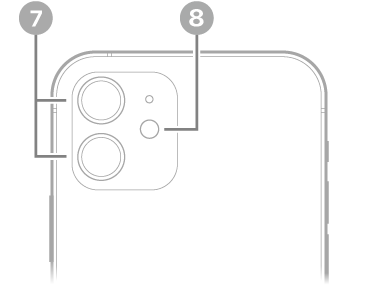 Stražnja strana uređaja iPhone 12. Stražnje kamere i bljeskalica nalaze se pri vrhu lijevo.