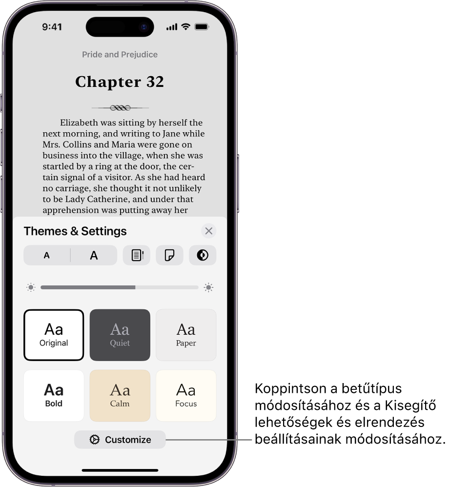 Egy könyv oldala a Könyvek appban. A Témák & beállítások lehetőségei különféle vezérlőkkel, amelyek a betűmérethez, a görgetési nézethez, az oldallapozás stílusához, a fényerőhöz és a betűtípusstílusokhoz használhatók.