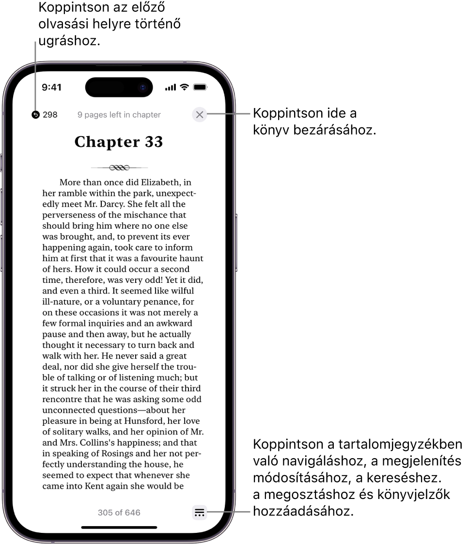 Egy könyv oldala a Könyvek appban. A képernyő tetején lévő gombok segítségével visszatérhet arra az oldalra, ahol elkezdte az olvasást, illetve bezárhatja a könyvet. A Menü gomb a képernyő jobb alsó részén található.