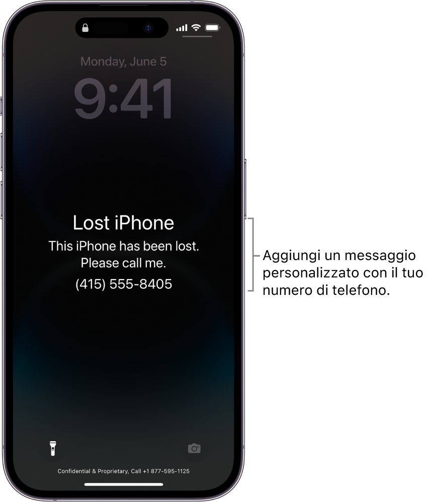 La schermata di blocco di un iPhone con il messaggio che iPhone è stato smarrito Puoi aggiungere un messaggio personalizzato insieme al numero di telefono.