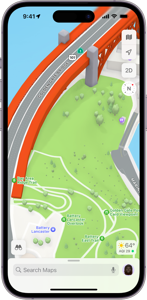 나무와 관심 지점 그리고 화장실과 같은 표지가 나타나 있는 3D 도로 및 공원 지도.