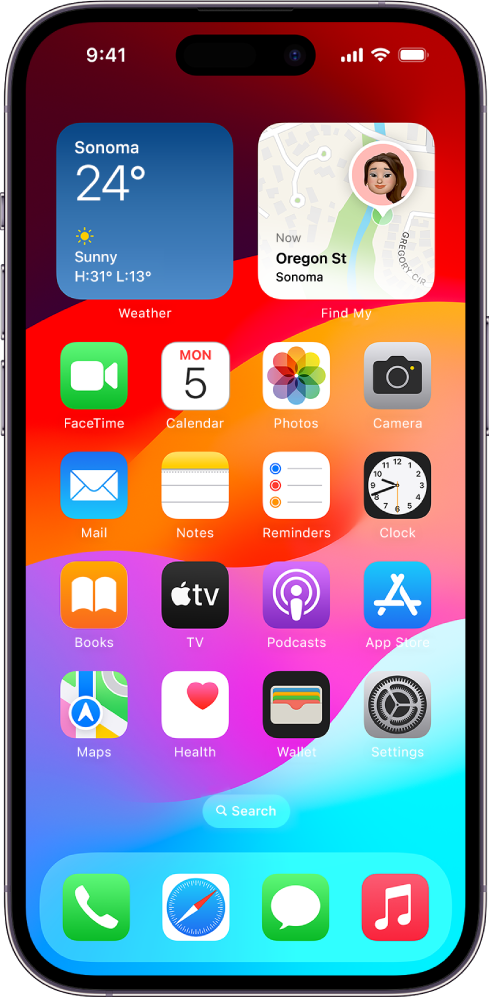 Ekran początkowy z szeregiem ikon, w tym ikoną aplikacji Ustawienia, która pozwala zmieniać ustawienia głośności iPhone’a, jasności jego ekranu i inne.