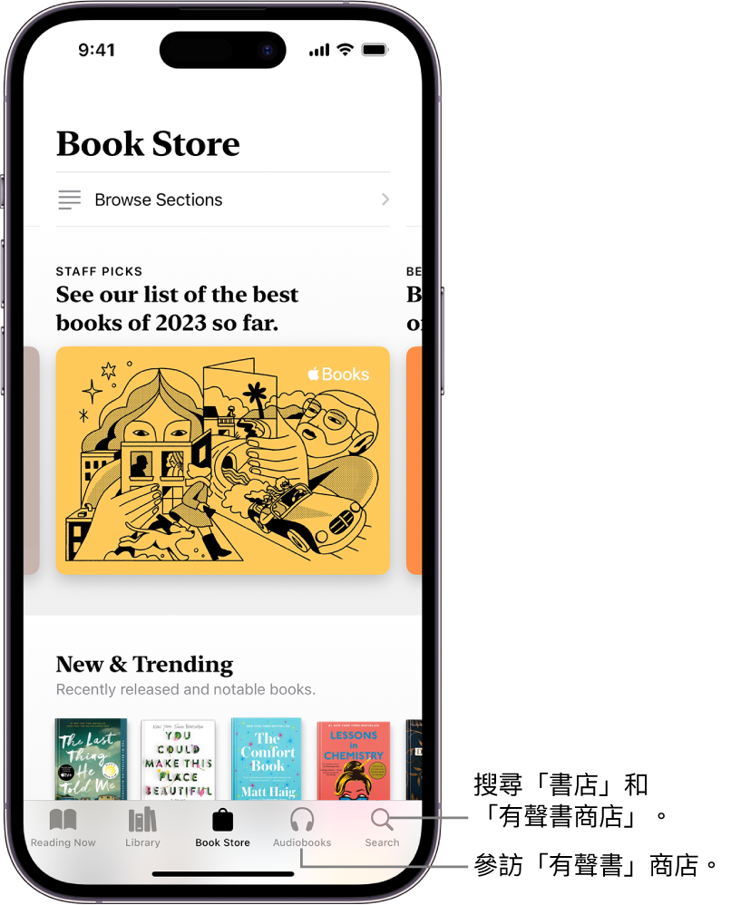 「書籍」App 中的「書店」畫面。螢幕底部由左至右為：「閱讀中」、「書庫」、「書店」、「有聲書」和「搜尋」標籤頁。已選取「書店」標籤頁。