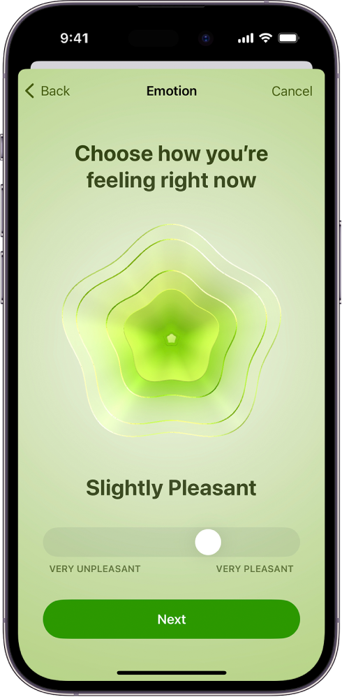 「健康」App 中的一個螢幕將目前的情緒辨識為「有點愉快」。螢幕底部有滑桿，用來調整情緒的等級。