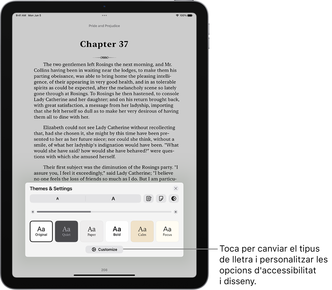 Pàgina d’un llibre a l’app Llibres. Les opcions de temes i configuració mostren els controls de mida de lletra, vista de desplaçament, estil en girar els fulls, brillantor i estils de lletra.