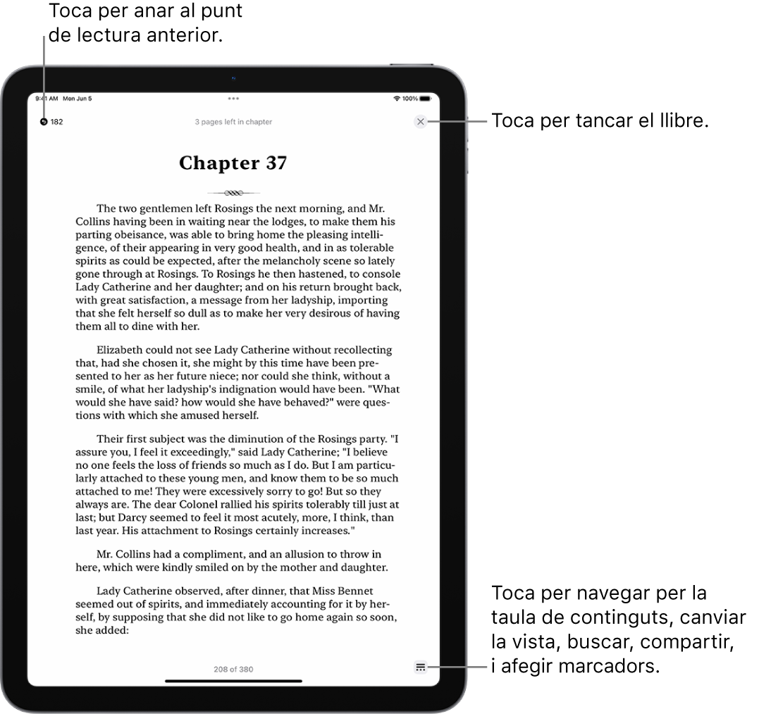 Pàgina d’un llibre a l’app Llibres. A la part superior de la pantalla hi ha els botons per tornar a la pàgina on has començat a llegir i per tancar el llibre. A la part inferior dreta de la pantalla, hi ha el botó “Menú”.